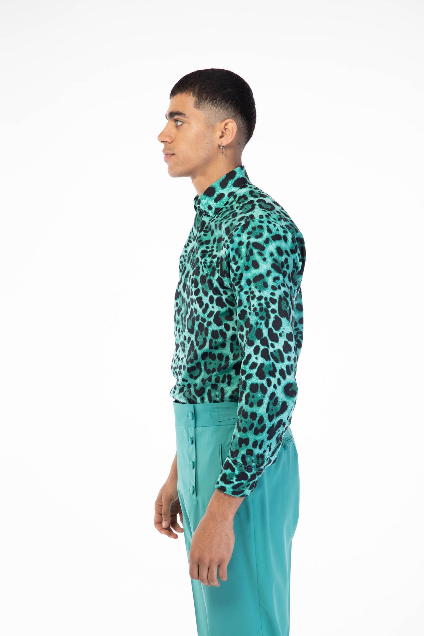 Wildlife Teal, black Leopard Long Sleeve Cotton Shirt