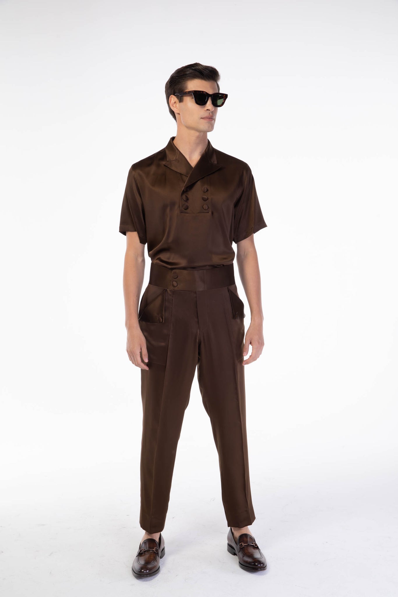 BROWN SILK SIGNATURE 6 BUTTON POLO SHORT SLEEVE SHIRT AND PANTS