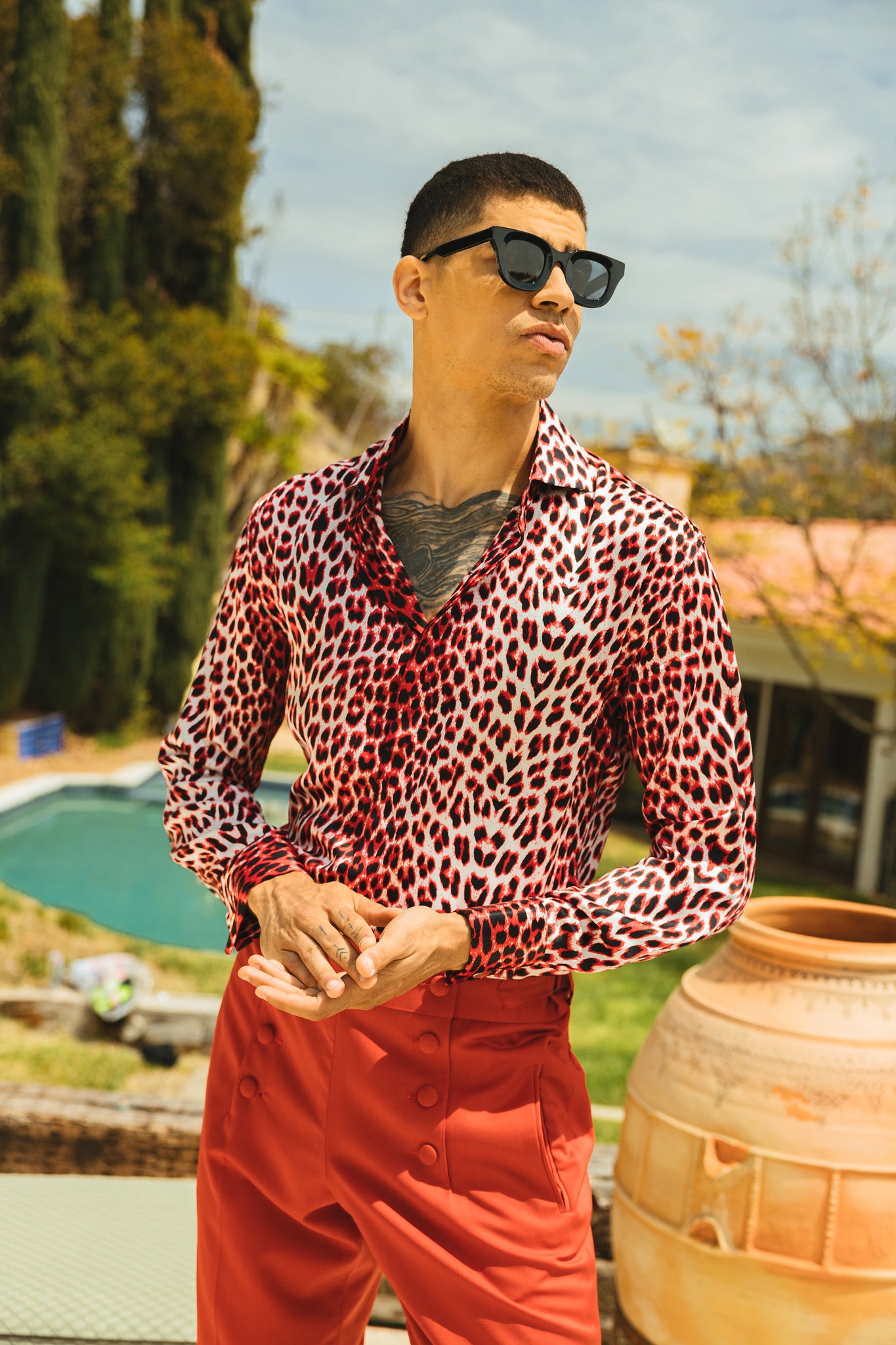 Wildlife Red Leopard Long Sleeve Silk Shirt